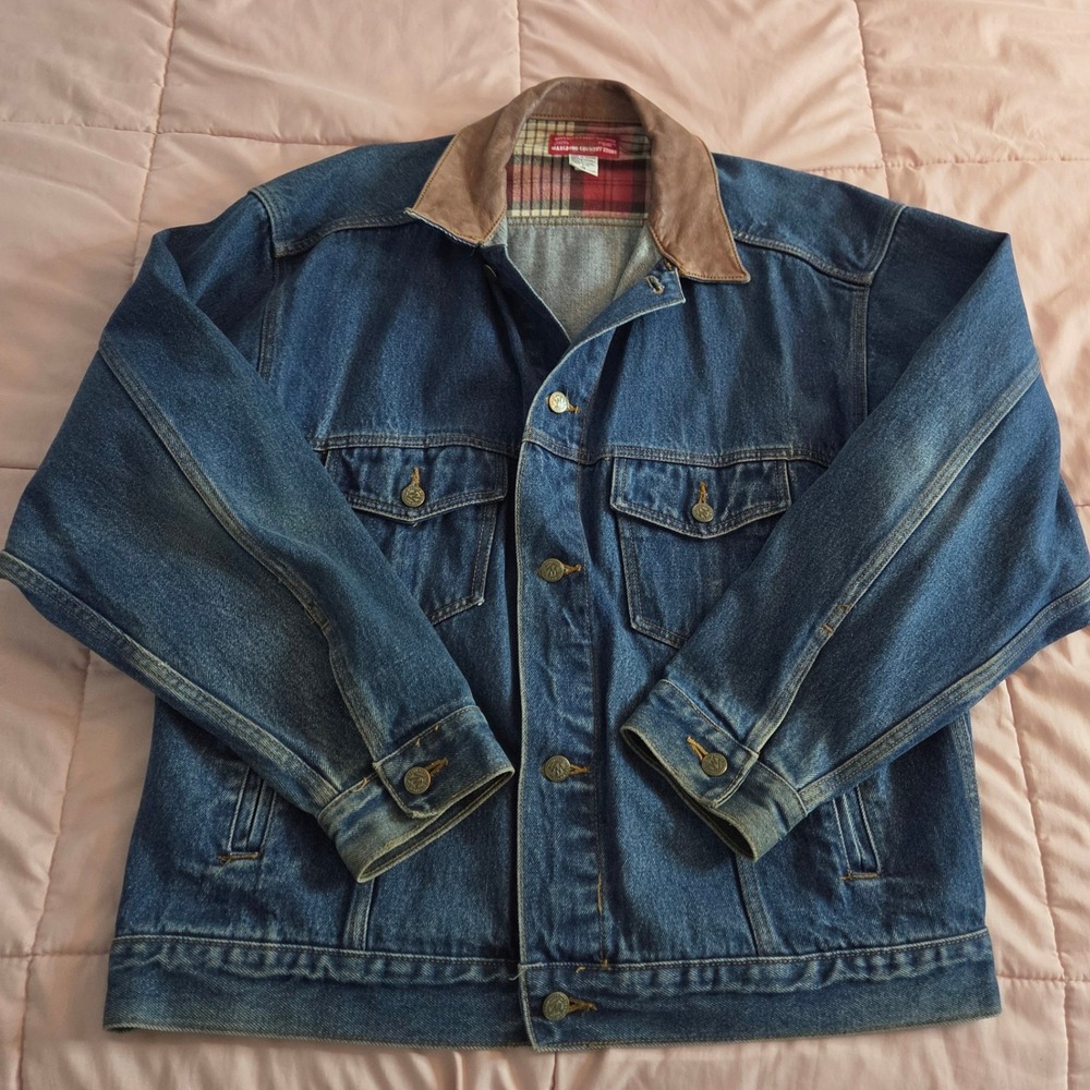 Vintage Marlboro Country Store Denim Jacket Leather Collar Flannel Lined L